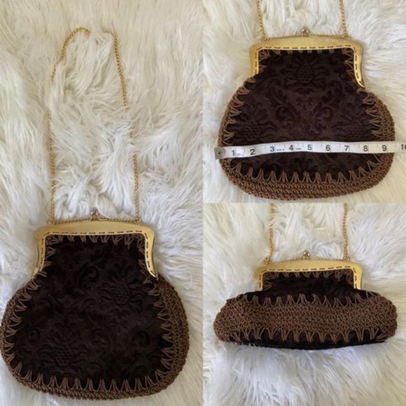 Vintage Brown Velvet Purse with Gold Clasp and Chains - Picture 4 of 9